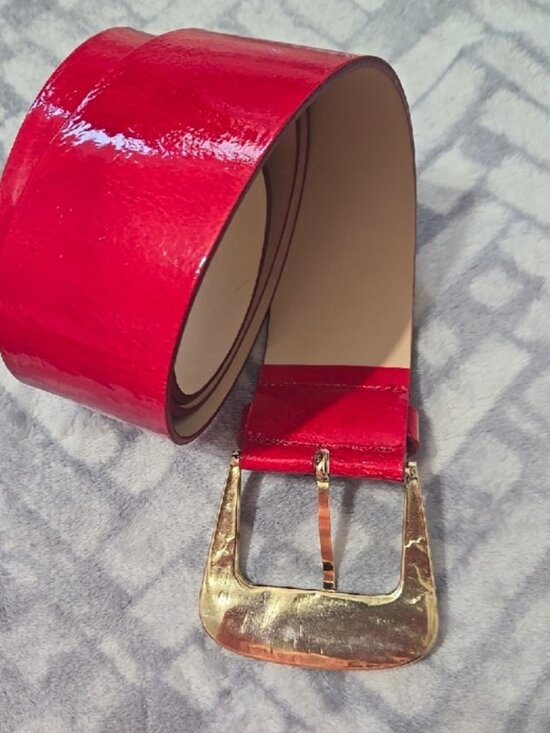 Vintage Twiggy Firenze Red Patent Leather Wide Belt Gold Buckle